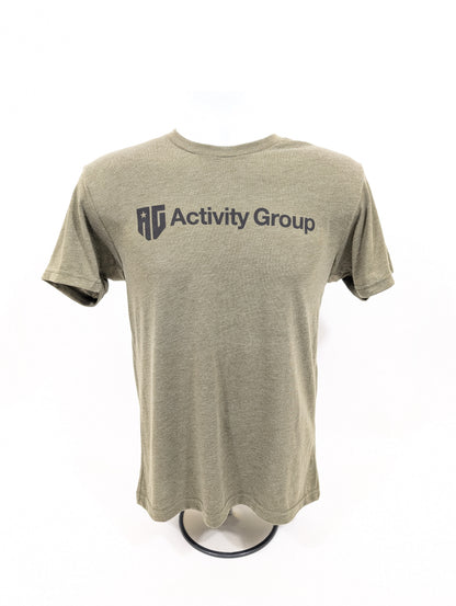 Olive green t-shirt with 'Activity Group' logo on a white background